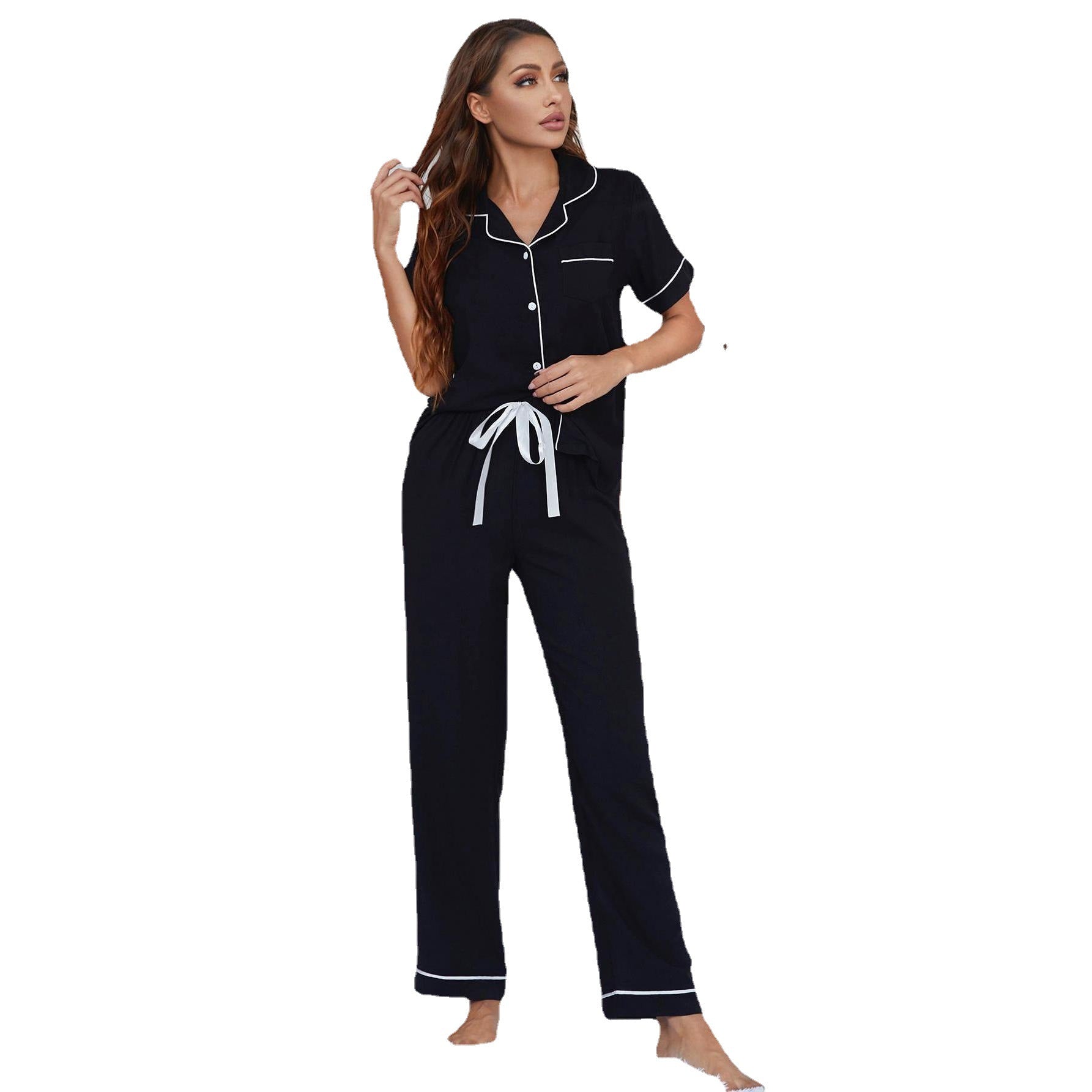 Pajamas Solid Color Buttons Short-Sleeved Trousers Home Wear Two-Piece Suit