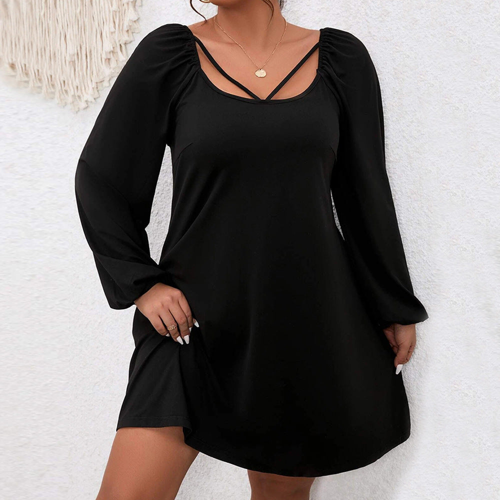 plus Size Waist A line Dress Puff Sleeve Square Collar Elegant Dress