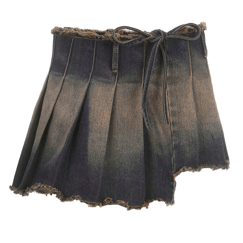 Street Retro Washed Tie Dyed Irregular Asymmetric One Piece High Waist Lace up Pleated Skirt Miniskirt