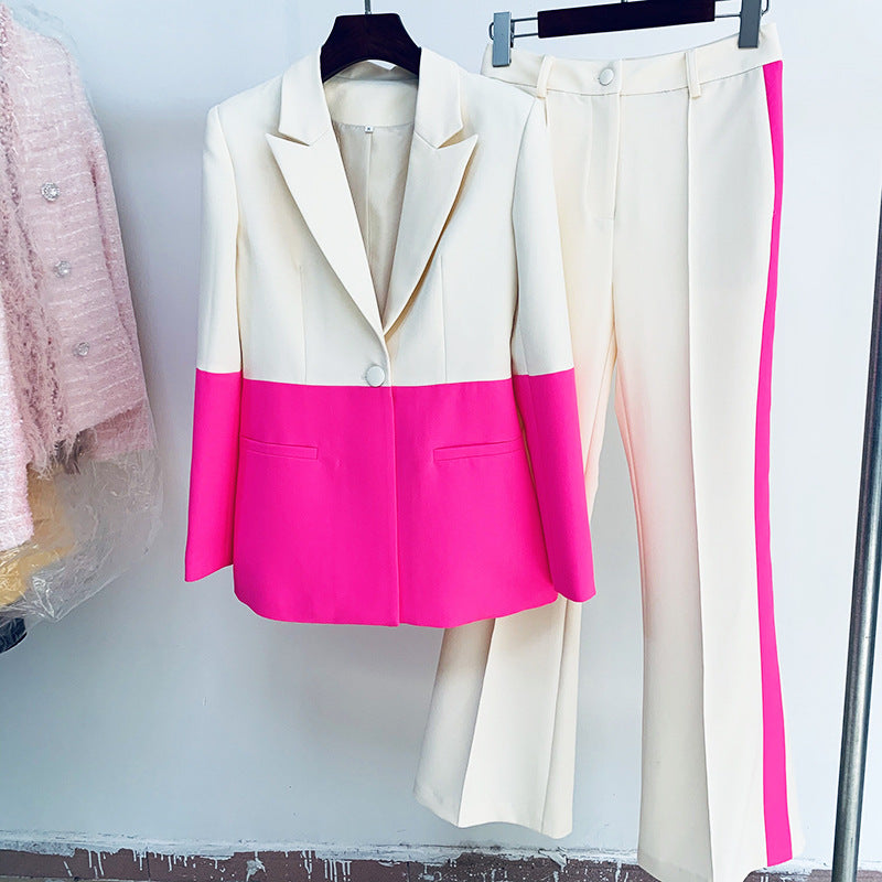 Business Suit One Button Color Matching Suit Bell-Bottom Pants Suit Two-Piece Suit