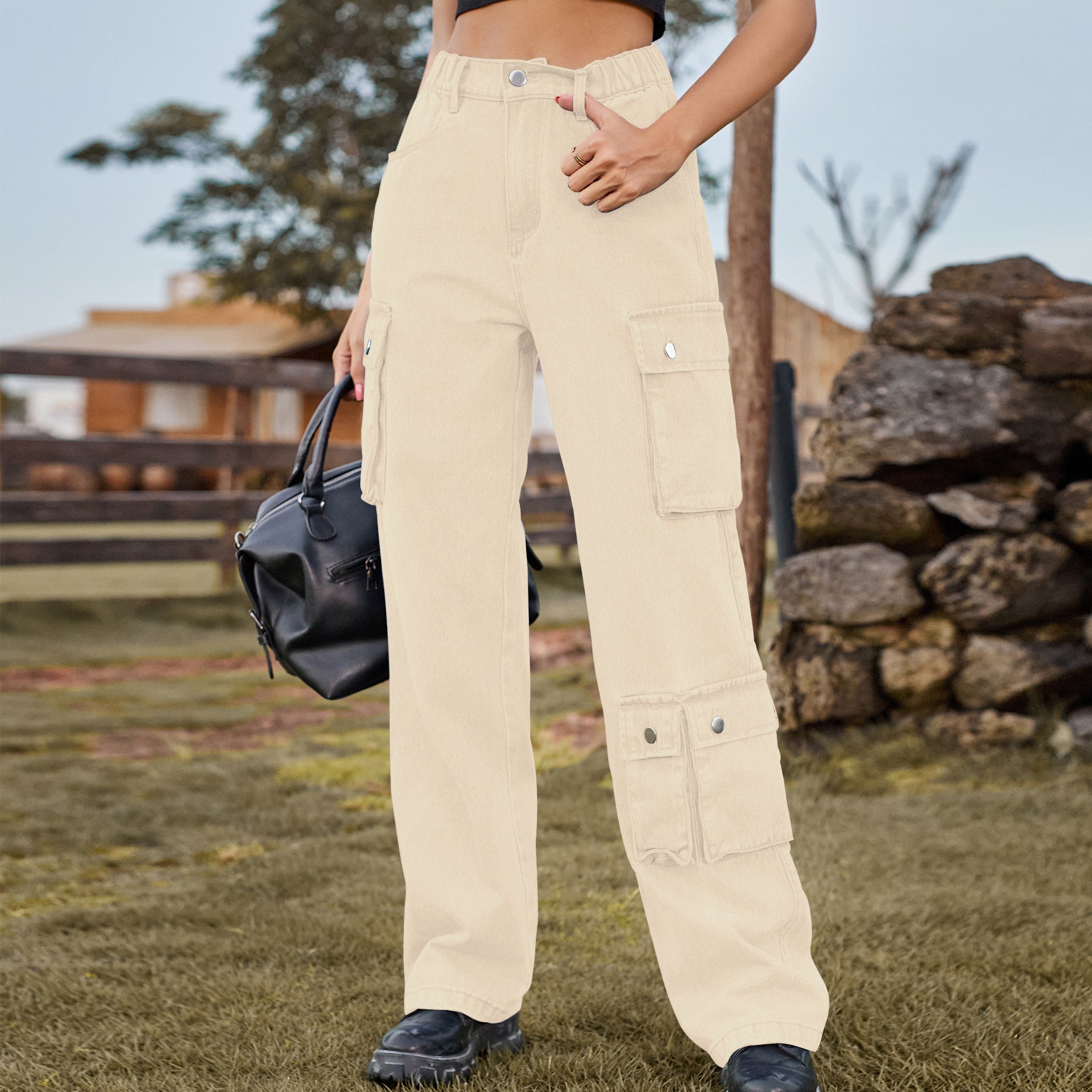Denim Washed Multi Pocket Overalls Trousers Casual Pants
