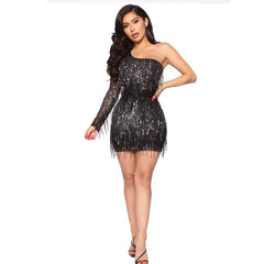 Long Sleeved Off Shoulder Sequined Fringed Sheath Dress