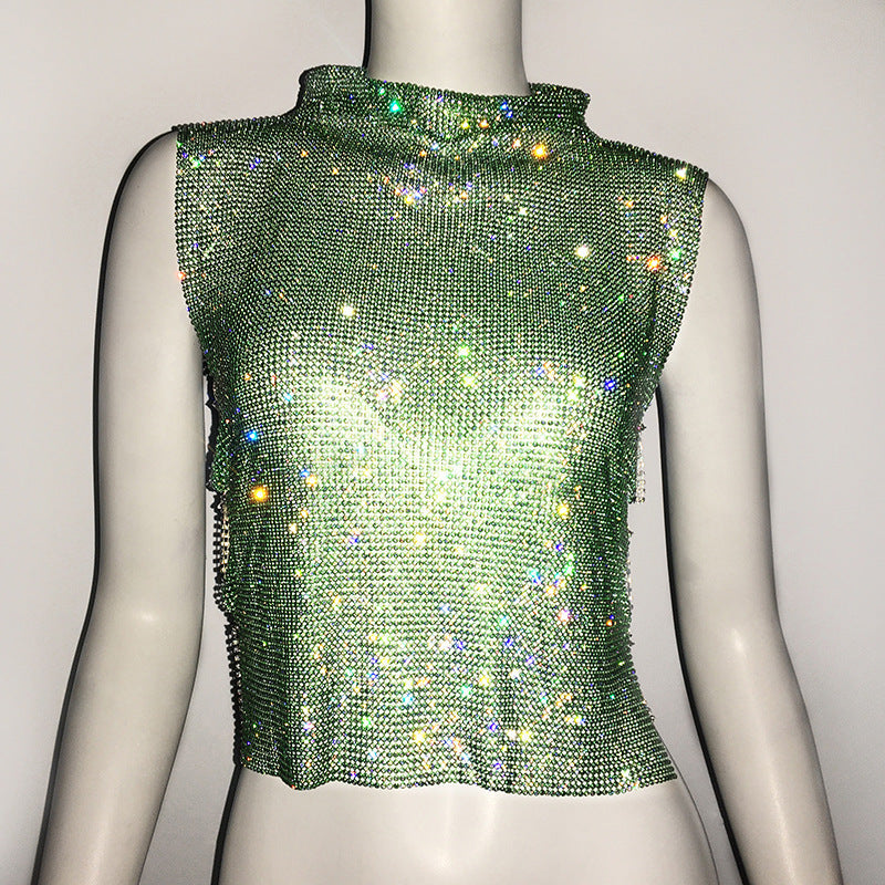 Women's Full Diamond Vest Luxury Turtleneck Rhinestone Top Nightclub Vest