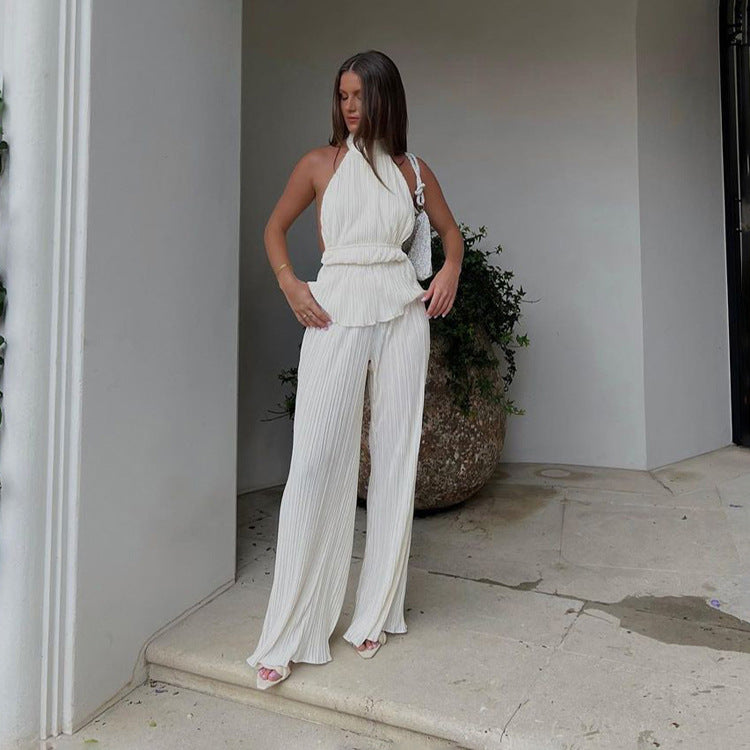 Halter Backless Sleeveless Vest White Pleated High Waist Wide Leg Pants Suit textured