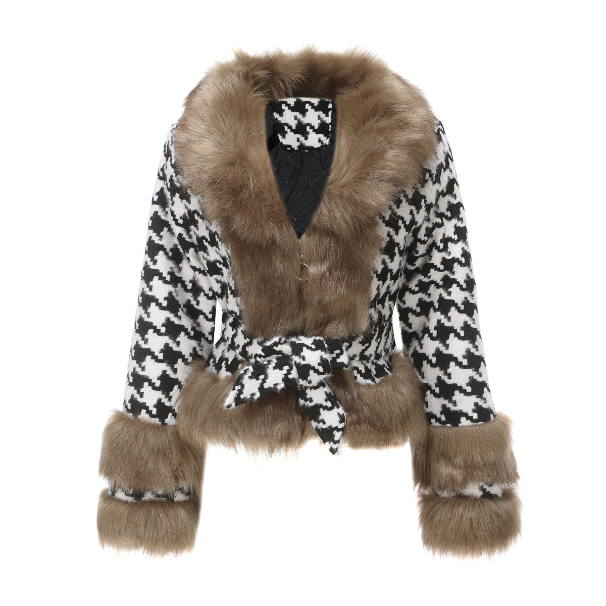 Plaid Coat Detachable Short Fur Collar Tops Houndstooth