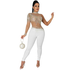 One Shoulder Colorful Crystals See through Rhinestone Jumpsuit