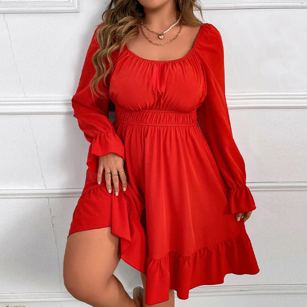 plus Size Square Neck Cinched Wide Hem Long Sleeve Elegant Dress