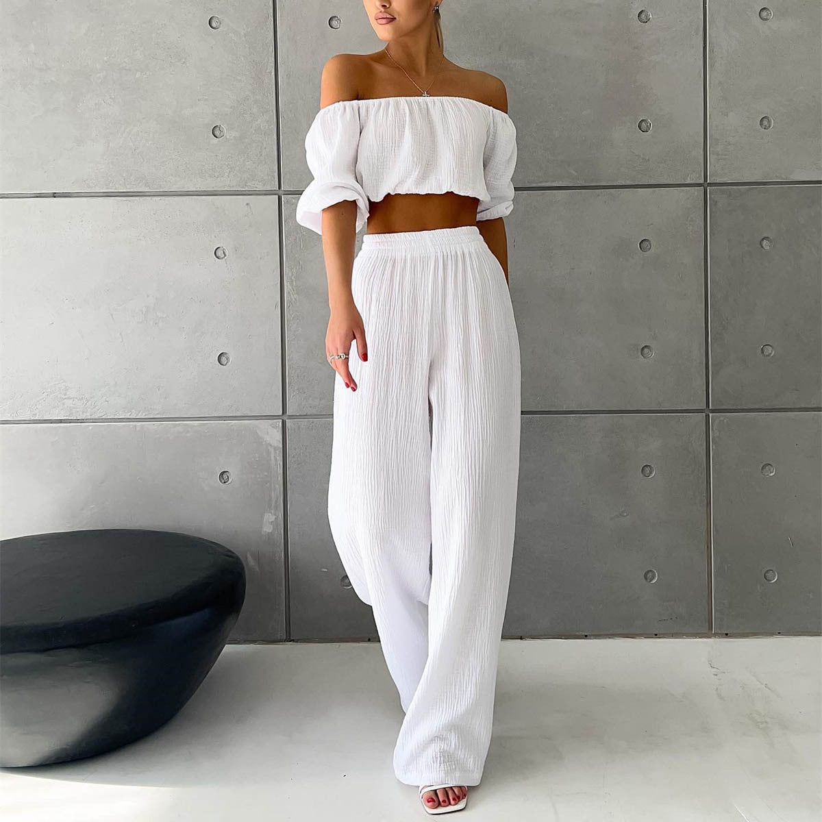 Two Piece Pure Cotton Champray Solid Color off Neck Short Sleeved Top High Waist Wide Leg Pants Casual Suit