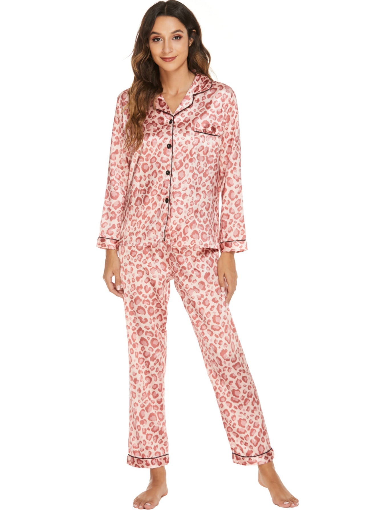Satin Long Sleeved Trousers Home Wear Cardigan Suit Pajamas