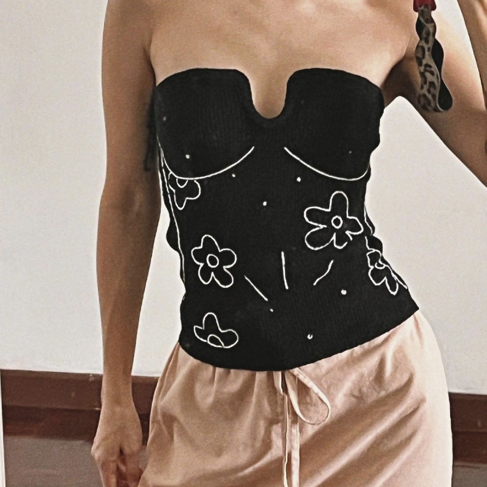 Knitted Floral Embroidered Wrapped Chest Short Top Vest Outer Wear