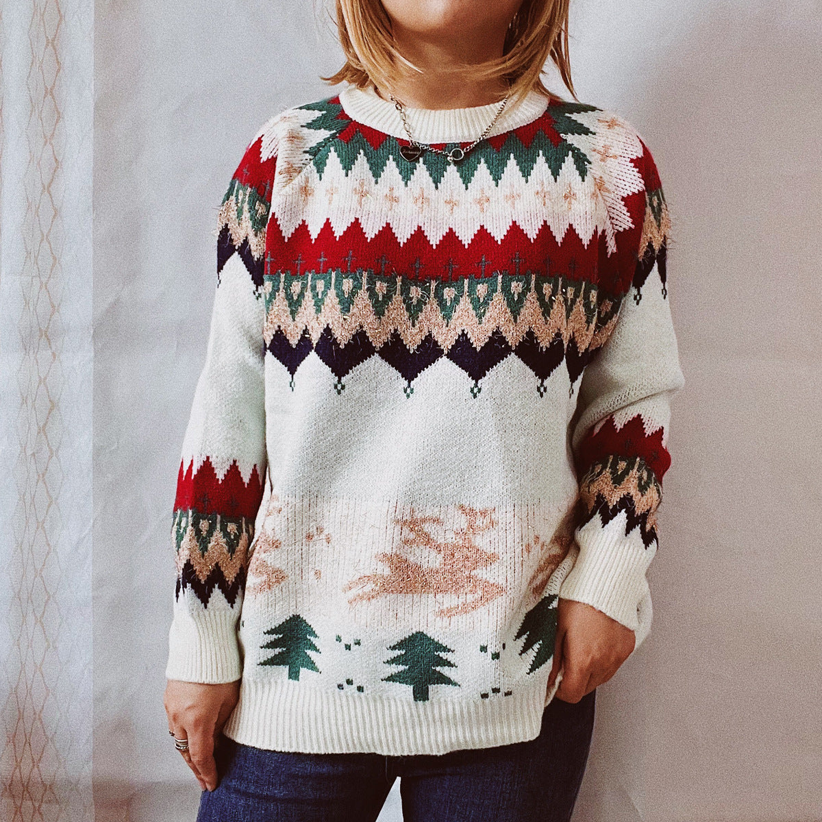 Year Christmas Sweater Thickened Raglan Sleeve Elk Christmas Tree Gold Thread Pullover