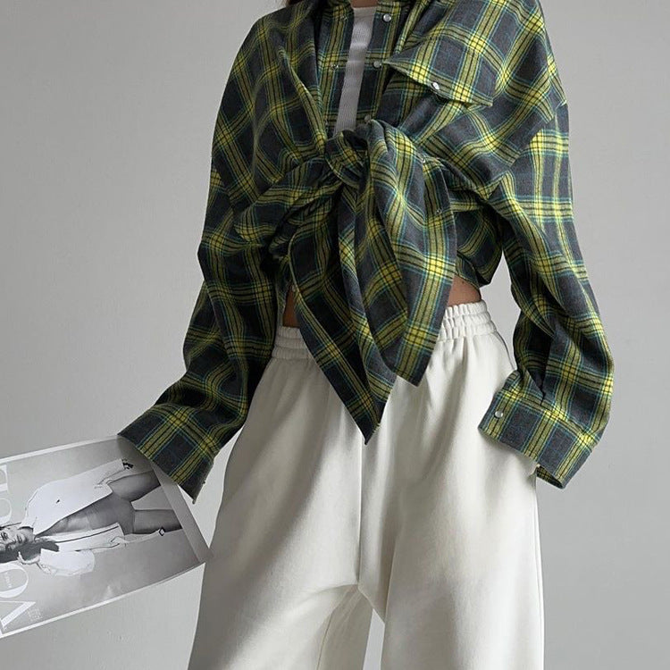 Retro All Matching Collared Loose Shirt Plaid Long Sleeve Pocket Shirt