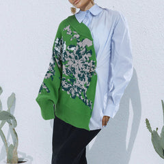 Retro Lazy Fall Lapels Long Sleeve Straight Multiple Wear Knitted Shirt Stitching Sweater