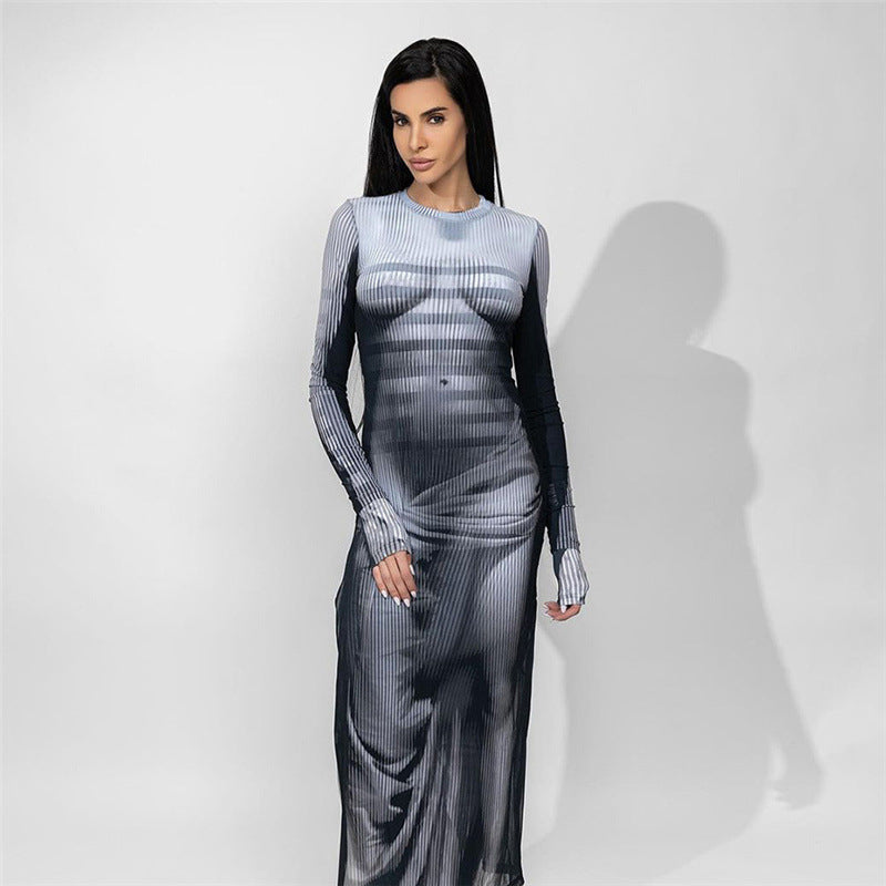 Long Sleeve Printed High Waist Slim Slimming Maxi Dress