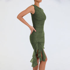 round Neck Sleeveless Dress Tight Backless Pleated Midi Dress