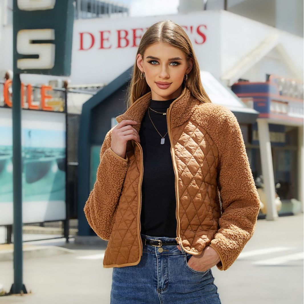 Cardigan zippé à manches longues et coutures en peluche