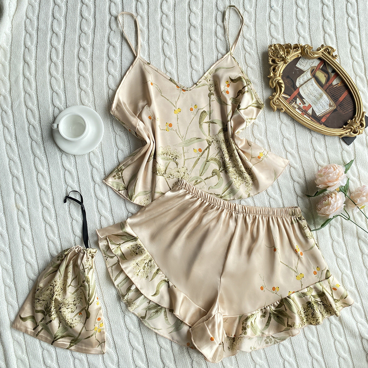 Imitated Silk Pajamas Two-Piece Printed Shorts Home Wear Suit Sling Dress