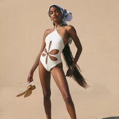 Solid Color Cutout Halter Backless One Piece Bikini