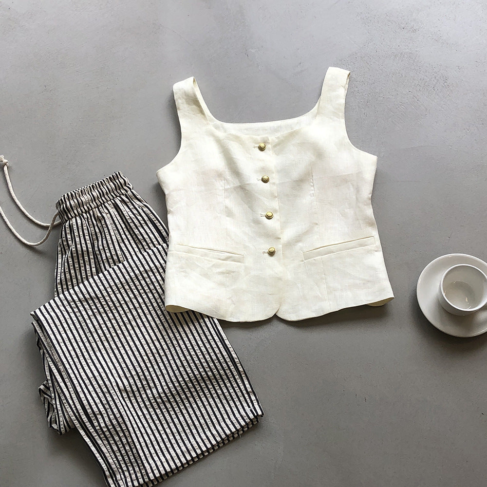 Retro Linen Vest-Interest Square Collar Sleeveless Short Top