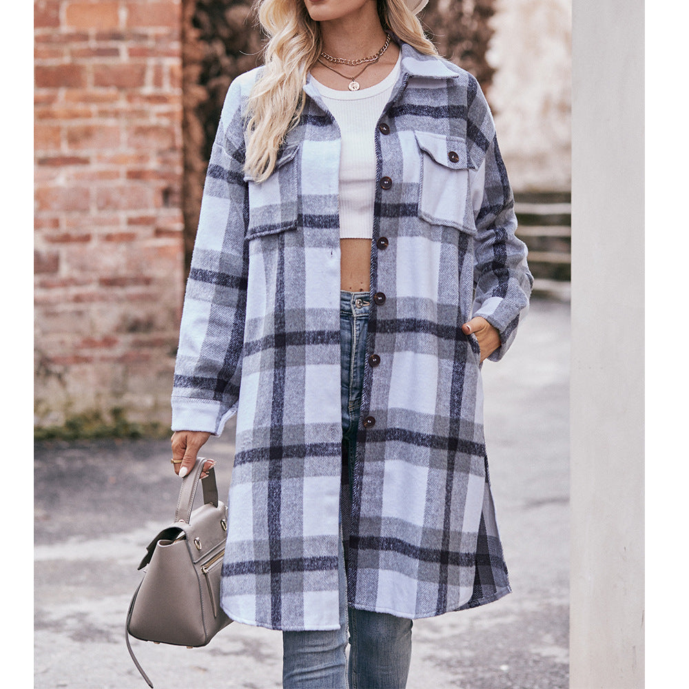 Casual Flannel Plaid Shirt Long Coat