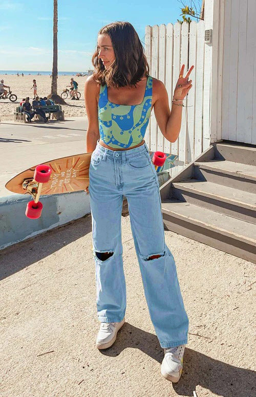 Jean déchiré Pantalon taille haute déchiré Jean droit ample