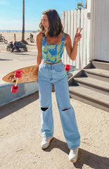 Jean déchiré Pantalon taille haute déchiré Jean droit ample