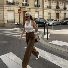Jean rétro droit taille haute amincissant marron automne