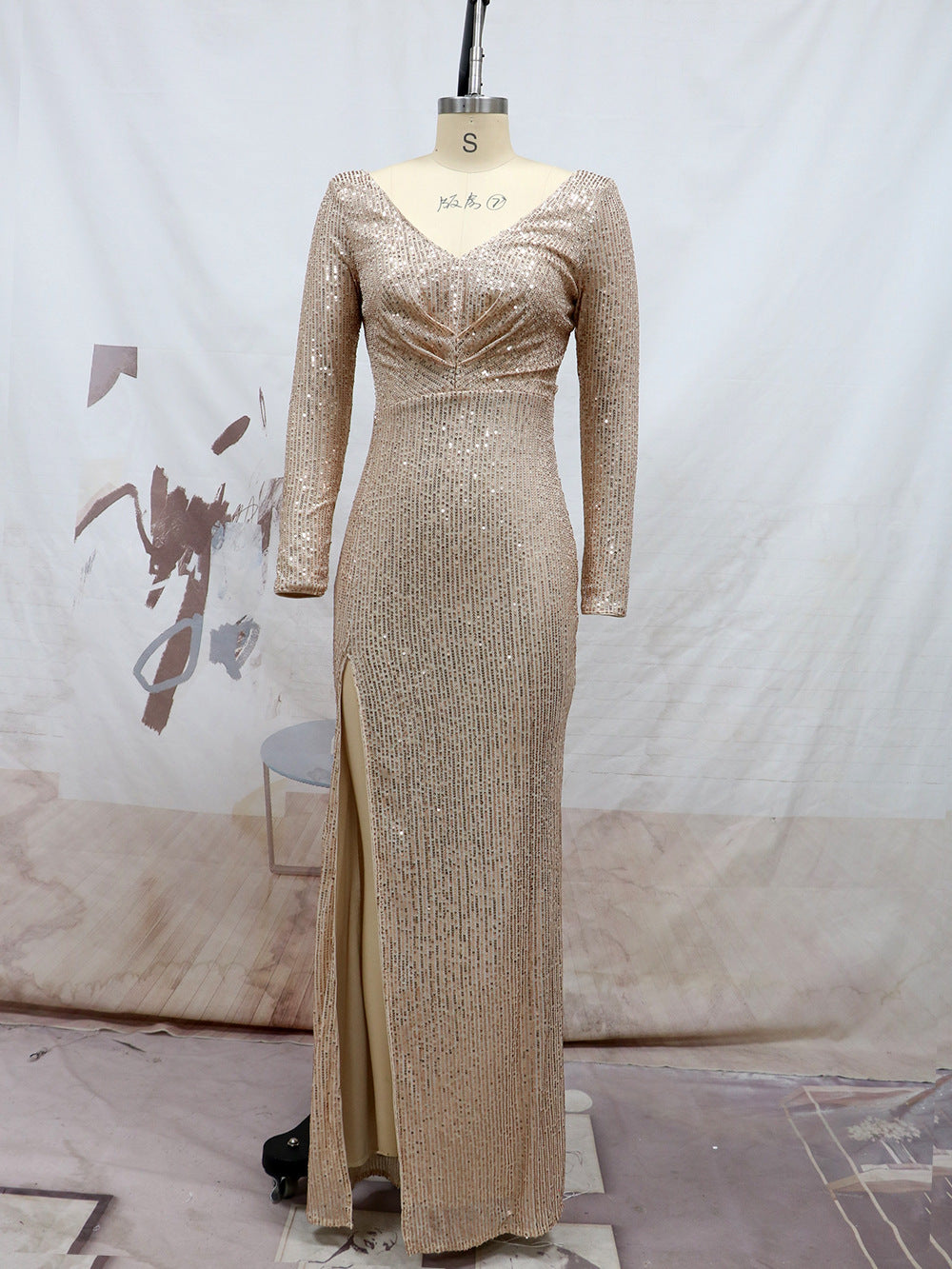 Split Long Sleeve V neck Slim Fit Longmal Dress Wedding Cocktail Party Multi Color Sequined Evening