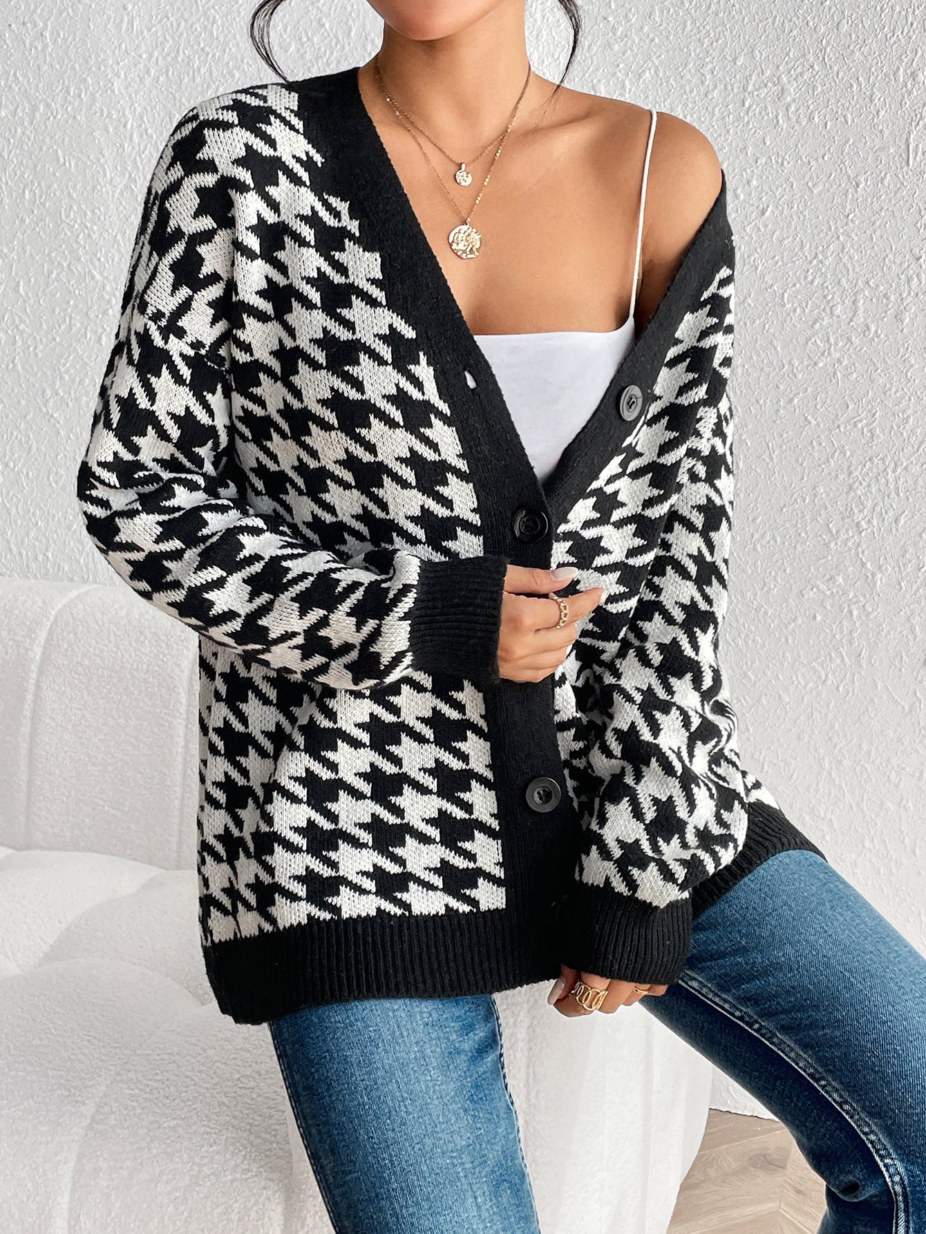 Contrast Color Houndstooth Cardigan Coat Knitted Sweater