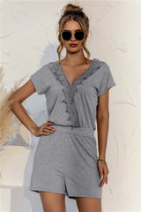 Eaby Short Sleeve V-neck Criss Cross Lace Stitching Romper Romper
