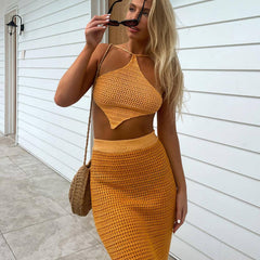 Apron Halter Knitted Sling Beach Top Short Cropped Backless Lace up Vest Half Length Dress