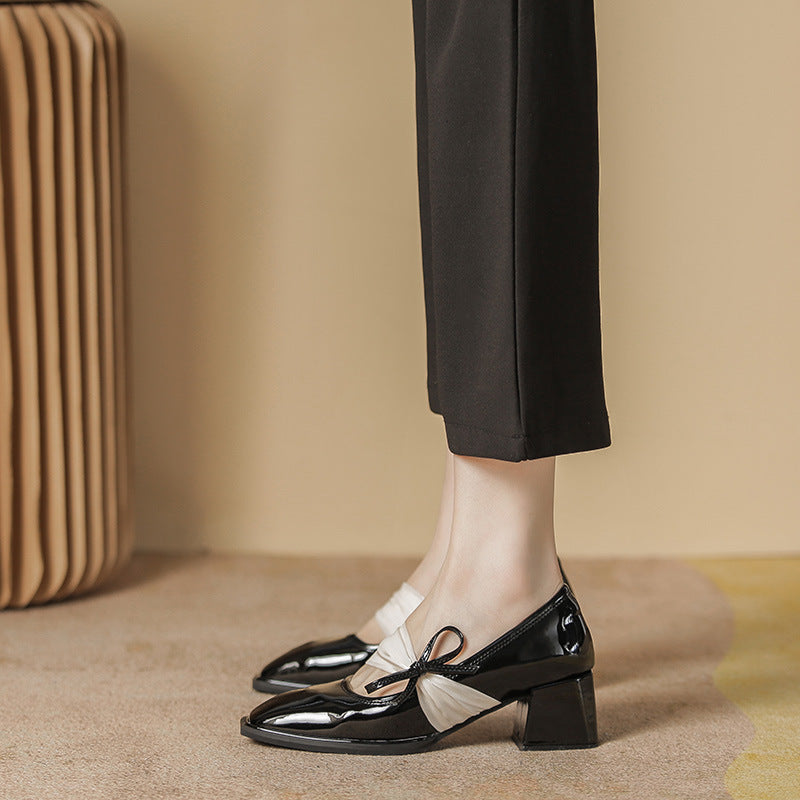 Women's Jane Square Toe Thick Bowknot High Heels
