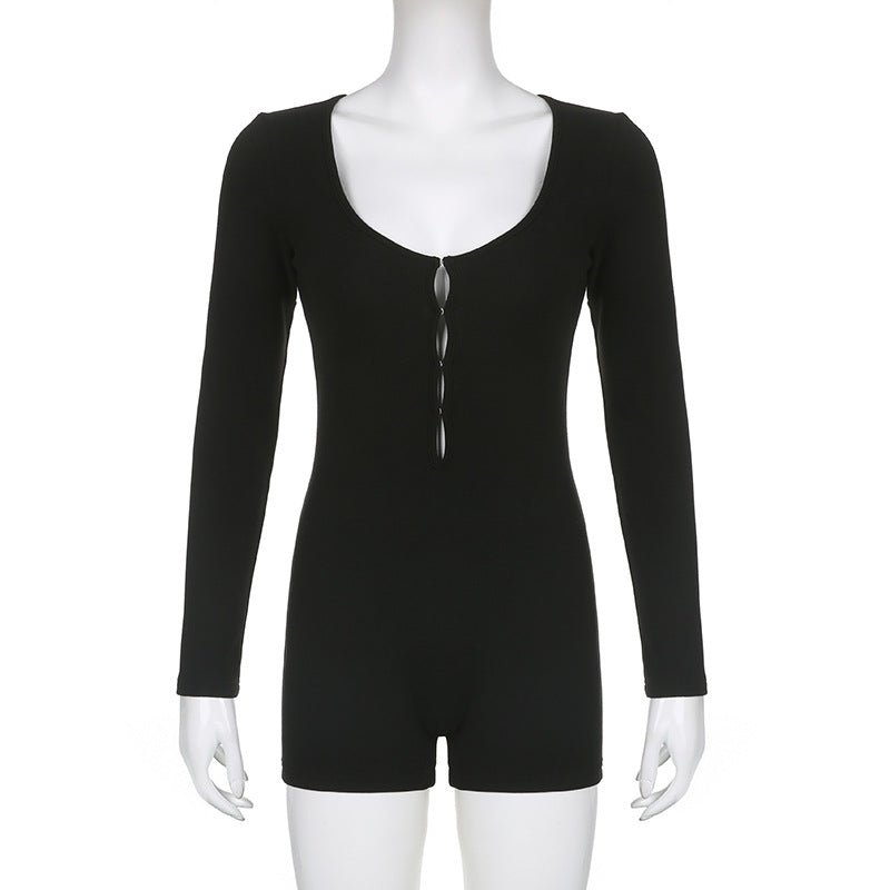 Solid Color Basic Hollow Out Cutout Slim Long Sleeve Jumpsuit Autumn