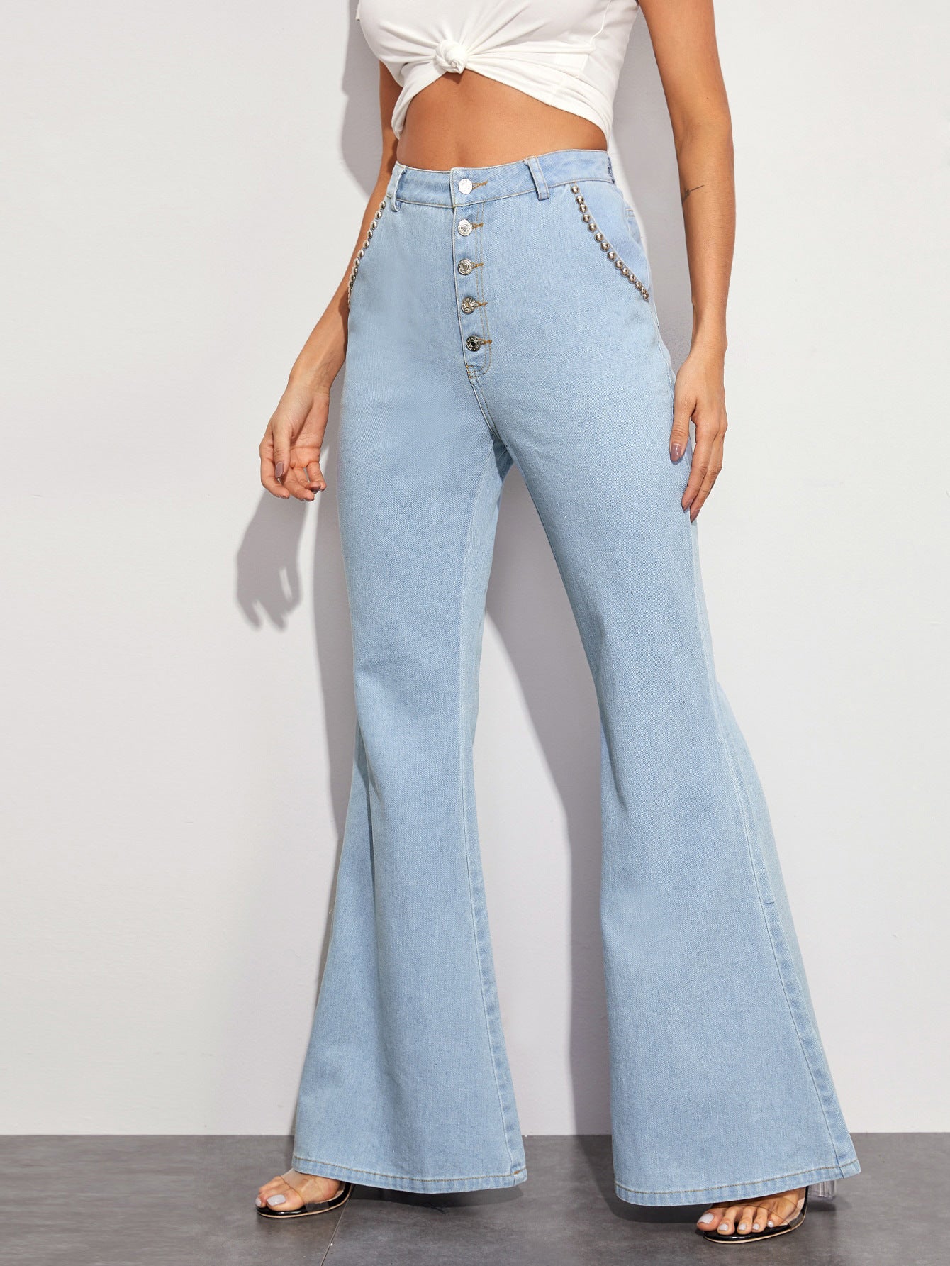 Casual All Match Big Horn Wide Leg Denim Trousers