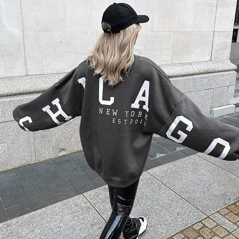 Round Neck Loose Letter Graphic Floral Print Long Sleeve Pullover Casual Top