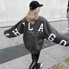 Round Neck Loose Letter Graphic Floral Print Long Sleeve Pullover Casual Top