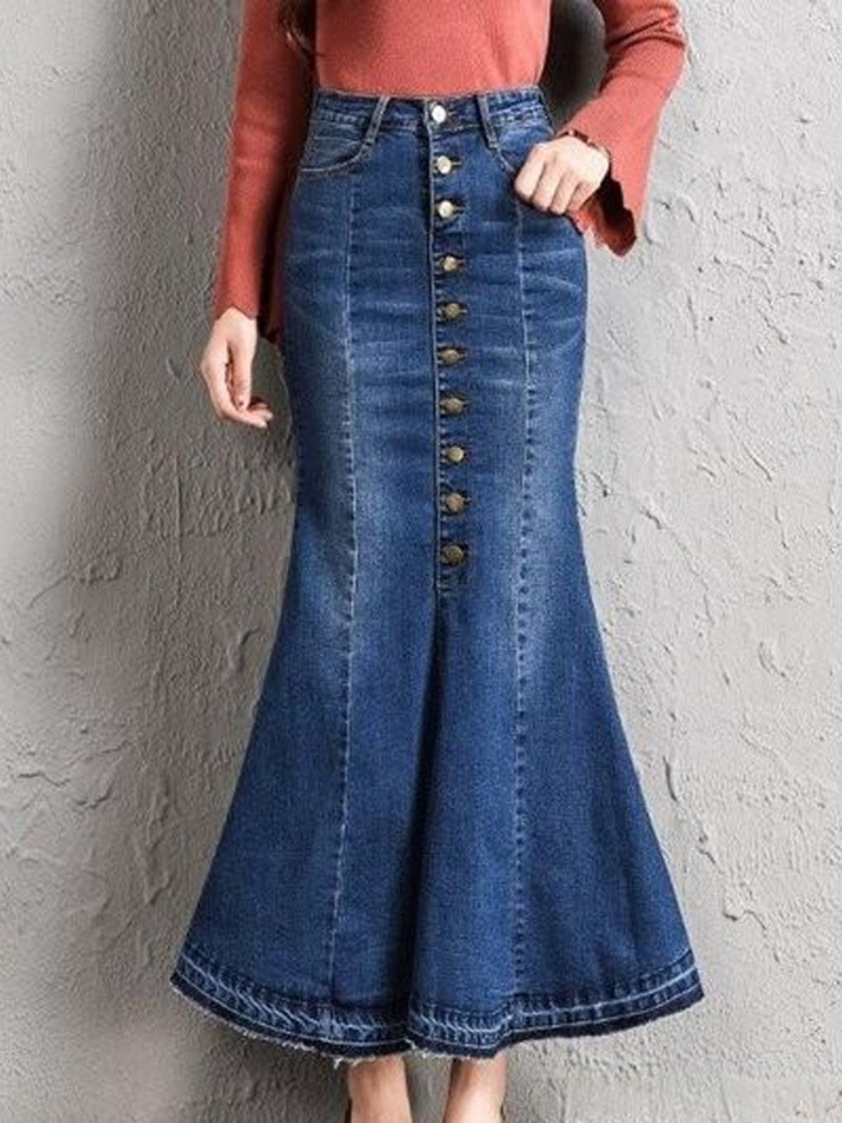 Multi Buckle Hip Fishtail Denim Long Skirts