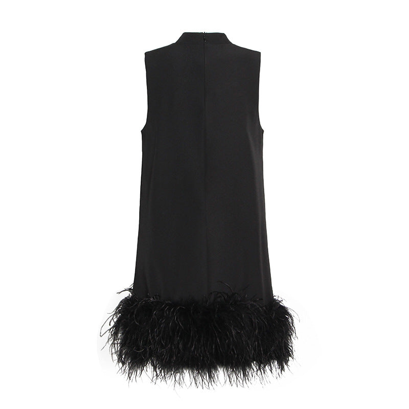 Australian BrShort StCollar Sleeveless Solid Color Stitching Hem Feather Dress