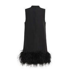 Australian BrShort StCollar Sleeveless Solid Color Stitching Hem Feather Dress