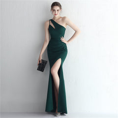 Satin Slim Fit One Shoulder Long Debutante Gala Dinner Slimming Fishtail Wedding Car Model Exhibition Dress