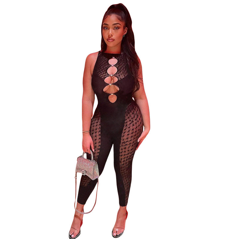 Mesh See-through Hollow Out Cutout High Waist Trousers Sleeveless Tight Jumpsuit