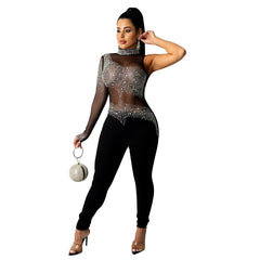 One Shoulder Colorful Crystals See through Rhinestone Jumpsuit