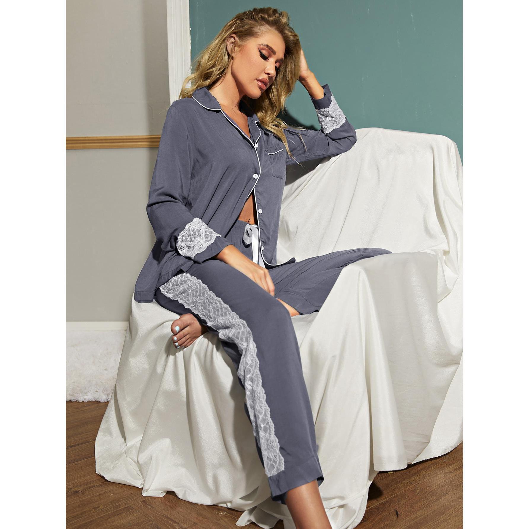 Pajamas Long Sleeves Cardigan Lace Decoration Home Casual Suit Night Wear