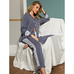 Pajamas Long Sleeves Cardigan Lace Decoration Home Casual Suit Night Wear