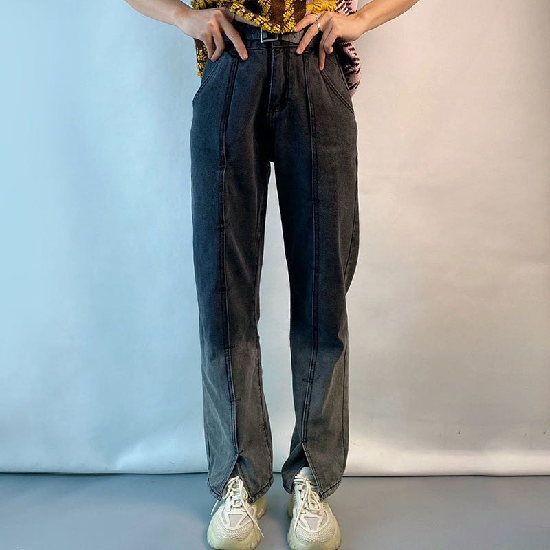 Jean droit fendu dégradé Pantalon taille haute rétro classique