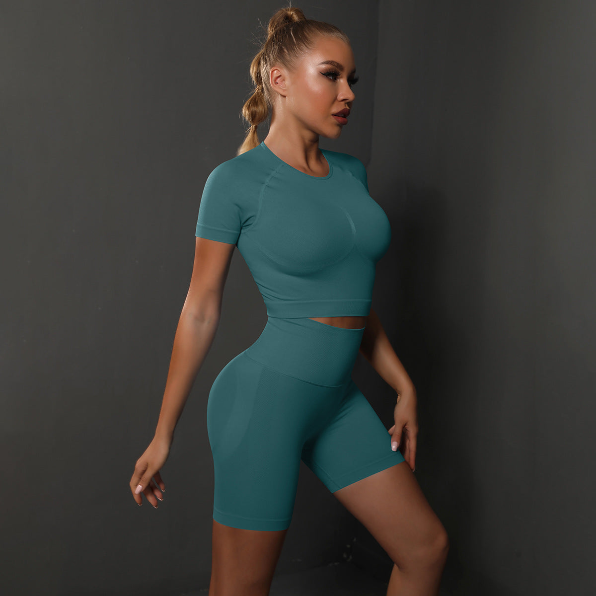 Seamless Peach Hip Solid Color High Elastic Yoga Short Sleeve Shorts Suit Running Sports Fitness Two Piece Suit