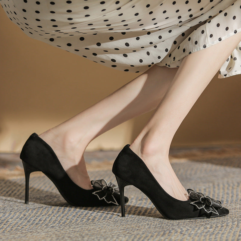 Women's High Suede Black Bow Banquet Heels