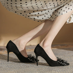 Women's High Suede Black Bow Banquet Heels