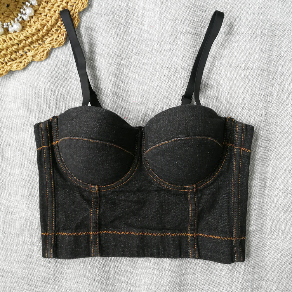 Denim-Camisole Beauty Back Cropped Free Unterwäsche Oberbekleidung Korsett-Oberteil mit Stäbchen All Match Nachtclub Disco Tube Top