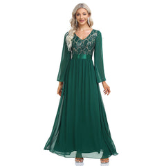 Quality Chiffon Stitching Sequined Maxi Dress V neck Long Sleeve a Swing Elastic Waist Evening Dress